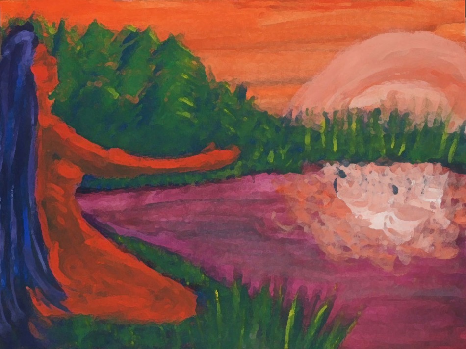 Painting, "Al Amanecer 2" by Esmeralda Perez de Lopez, image in orange green and blues, a woman praying on a Michigan lake at sun rise