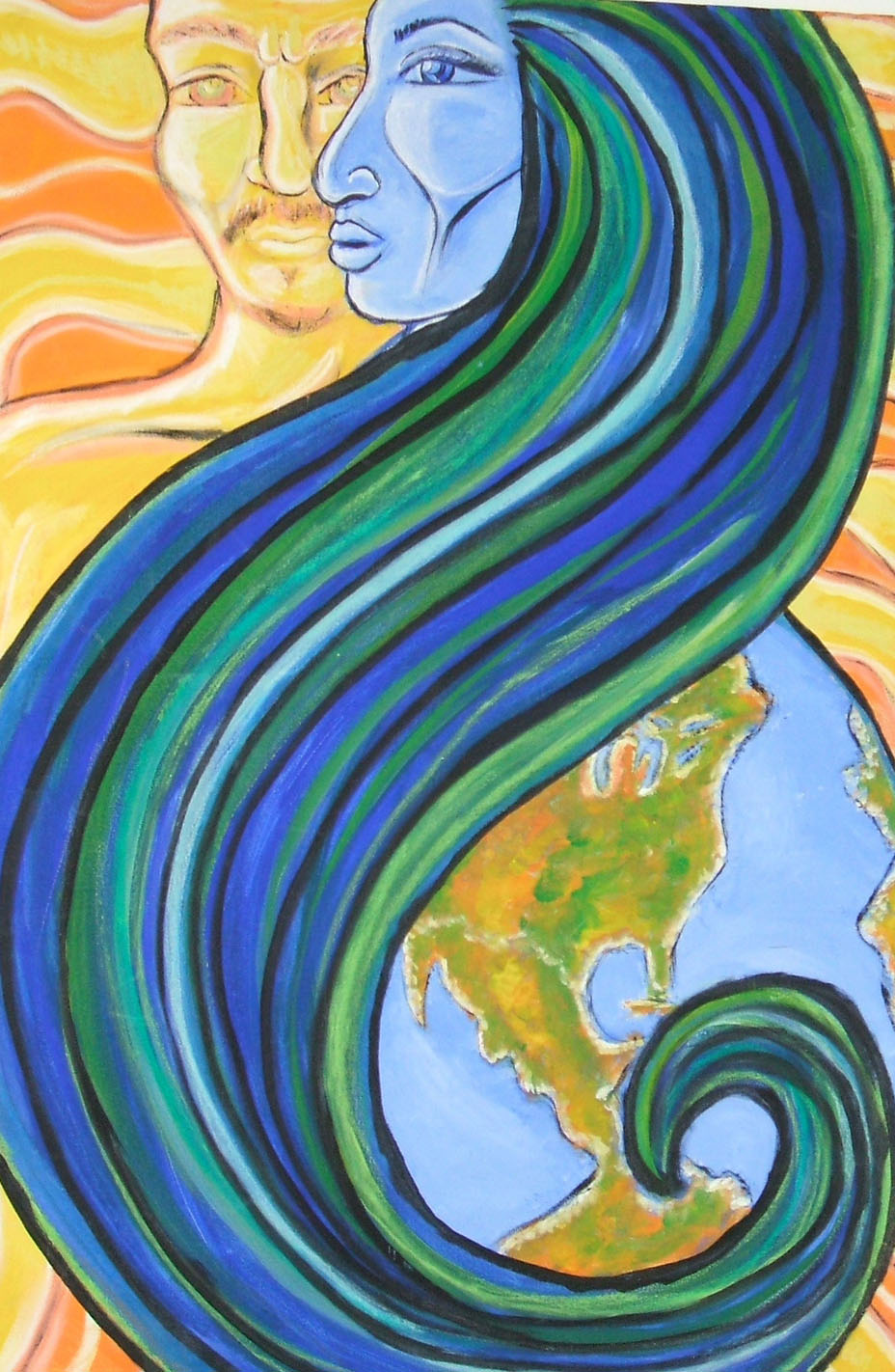"Sol y Tierra" painting by Esmeralda Perez de Lopez, man and woman as sun and earth